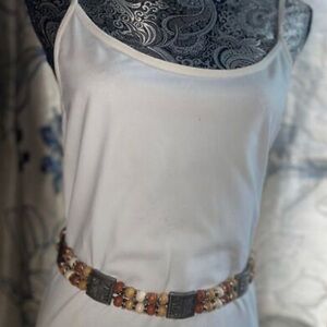 80s tribal metal shield motif silver Chain Belt wood Beads Triple Strand Boho